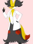 alternate_color anthro black_body black_fur blue_eyes breasts clothing coat dipstick_tail eyewear female fur glasses hand_in_pocket holding_object inner_ear_fluff lab_coat markings medium_breasts navel pockets red_body red_fur simple_background solo standing tail tail_markings topwear tuft white_body white_fur yellow_body yellow_fur artmaphoxy nintendo pokemon maphoxy canid canine delphox generation_6_pokemon human humanoid hybrid mammal pokemon_(species) hi_res