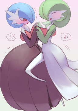 ambiguous_gender blue_hair blush duo eyes_closed green_hair hair hand_holding interrobang musical_note musical_symbol not_furry red_eyes simple_background symbol white_background dariku nintendo pokemon gardevoir generation_3_pokemon generation_6_pokemon mega_evolution mega_gardevoir pokemon_(species) shiny_pokemon 2019 absurd_res hi_res
