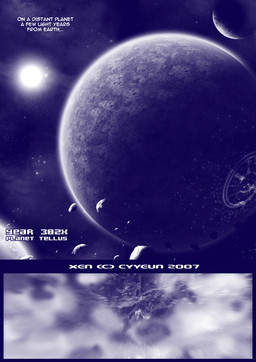 bluescale comet detailed_background not_furry planet satellite space sun text title zero_pictured cyyeun xen_(series) 2007 blue_and_white blue_monochrome comic english_text monochrome