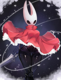 anthro black_body black_eyes breasts cloak clothing female glistening glistening_thighs hornet's_needle melee_weapon red_cloak red_clothing solo thigh_gap weapon wide_hips cryst_miu hollow_knight_(franchise) team_cherry hornet_(hollow_knight) arachnid arthropod insect spider 2025 hi_res