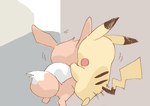 2018 ambiguous_gender brown_body duo eevee faceless_character feral generation_1_pokemon get_it_go kick motion_lines neck_tuft nintendo pikachu pokemon pokemon_(species) rear_view red_cheeks tuft yellow_body