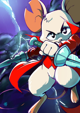 3_toes anthro barefoot bottomless bottomless_anthro clothed clothing electricity featureless_crotch feet female front_view fur holding_melee_weapon holding_object holding_sword holding_weapon lightning looking_at_viewer melee_weapon mouse_ears mouse_tail notched_ear paws solo sword toes weapon white_body white_fur white_fur_tuft anaugi mina_the_hollower yacht_club_games mina_(mina_the_hollower) mammal mouse murid murine rodent 2026 absurd_res hi_res signature