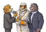 anthro bottomwear brown_body brown_fur christian_cross christian_symbol christianity clergy clergy_collar clothed clothing cross duo eyes_closed fully_clothed fur hand_holding humanoid_hands imam islamic jewish kemono male necktie pants priest rabbi religion shirt simple_background slightly_chubby topwear white_background yuuki-abe bear canid canine canis domestic_dog felid mammal pantherine tiger 2003 low_res