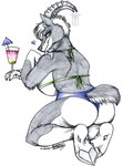 anthro beverage big_breasts bikini breasts butt butt_pose clothing female hooves huge_breasts pose solo swimwear two-piece_swimsuit thehuntingwolf bovid caprine goat ibex mammal hi_res pinup sketch