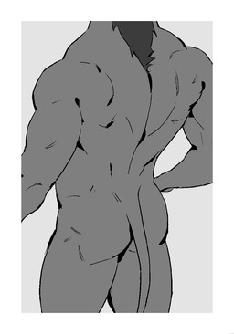 anthro border butt grey_background hair male nude nude_anthro nude_male pose rear_view simple_background solo tail torso_shot white_border kingarthur_i ambiguous_species 2024 digital_drawing_(artwork) digital_media_(artwork) greyscale hi_res monochrome portrait three-quarter_portrait