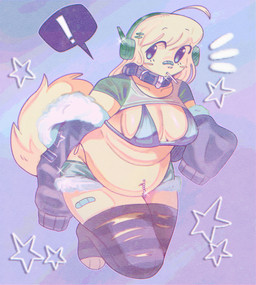 3_toes ahoge anthro armwear band-aid band-aid_on_leg bandage bar_emanata belly belly_overhang big_belly bikini biped blush bottomwear breasts clothing collar crop_top detached_sleeves electronics emanata exclamation_point eyebrow_through_hair eyebrows feet female footwear fur green_clothing green_shirt green_topwear hair headphones hotpants legwear lollipop_in_mouth navel navel_piercing overweight overweight_anthro overweight_female pattern_clothing pattern_legwear pattern_thigh_highs piercing shirt shorts socks solo speech_bubble star striped_clothing striped_legwear striped_thigh_highs stripes swimwear tail tail_tuft tan_body tan_fur tan_hair thick_thighs thigh_highs toeless_footwear toeless_socks toeless_thigh_highs toes topwear torn_thigh_highs translucent translucent_hair tuft two-piece_swimsuit white_clothing white_shirt white_topwear wolfertinger dj_(wolfertinger) afghan_hound canid canine canis domestic_dog hunting_dog mammal sighthound 2023 hi_res trans_(lore) trans_woman_(lore)