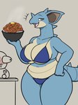 ambiguous_gender anthro anthro_focus big_breasts bikini blue_bikini blue_body blue_clothing blue_swimwear blush breasts bulging_eyes clothing duo emanata female female_focus food holding_food holding_object horn mature_anthro mature_female multicolored_body swimwear tail tan_body thick_thighs two-piece_swimsuit two_tone_body wide_hips wbnsfwfactory nintendo pokemon generation_1_pokemon human mammal nidoqueen pokemon_(species) 2025 hi_res