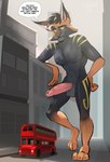 anthro balls building city dialogue digitigrade double_decker_bus fur genitals macro male penis skyscraper solo speech_bubble text kanoodlebin legacy_(freschrenders) felid feline lynx mammal 2022 absurd_res english_text hi_res