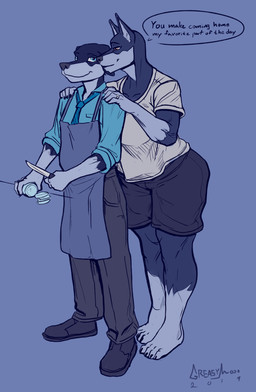 anthro apron canid canine canis clothed clothing cooking daniel_porter dialogue dobermann domestic_dog duo english_text female greasymojo hi_res knife male mammal married_couple necktie pinscher ring size_difference smile standing text tracy_porter wedding_ring
Rating: Safe
Score: 5
User: Cat-in-Flight
Date: May 19, 2019 anthro apron canid canine canis clothed clothing cooking daniel_porter dialogue dobermann domestic_dog duo english_text female greasymojo hi_res knife male mammal married_couple necktie pinscher ring size_difference smile standing text tracy_porter wedding_ring
Rating: Safe
Score: 5
User: Cat-in-Flight
Date: May 19, 2019