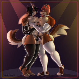 anthro big_muscles big_pecs bulge bulge_frottage choker clothing duo femboy huge_pecs jewelry latex latex_clothing male male/male muscular necklace nipple_fetish pec_grab pecs tongue tongue_out heikidraws heiki_(heikidraws) bovid canid canine canis caprine domestic_dog goat mammal 1:1 absurd_res hi_res
