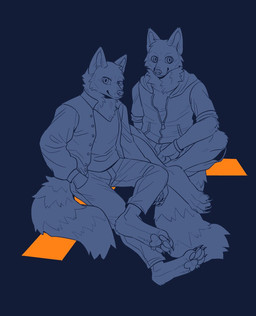 anthro bottomwear cheek_tuft closed_smile clothed clothing digitigrade duo facial_tuft fluffy fluffy_tail hand_in_pocket head_tuft jacket leg_tuft looking_at_viewer male markings mouth_closed neck_tuft pants pawpads pockets simple_background sitting smile striped_markings striped_tail stripes tail tail_markings topwear tuft unsigned asnnonaka crow_(asnnonaka) magpie_(asnnonaka) canid canine canis mammal wolf partially_colored