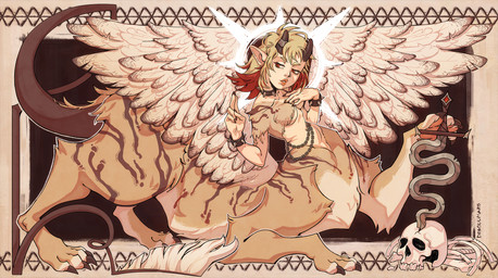 aureola blonde_hair bone bracelet breasts chain chest_fur claws collar female hair halo highlights_(coloring) holding_object holding_weapon horn jewelry long_ears monster_girl_(genre) nude red_eyes red_highlights religious_gesture skull solo spiked_bracelet spiked_collar spikes stripes tail tail_tuft text tuft under_boob weapon wings dragoumare mythology felid mammal mythological_creature mythological_sphinx taur english_text hi_res