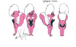 anthro bimbette clothing female fur green_clothing hair hi_res leotard mammal mephitid model_sheet multiple_poses pink_body pink_fur pose raised_tail short_stack simple_background skunk solo tail white_hair wolf75859