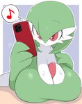2023 big_breasts blush breasts cellphone cleavage clothed clothing electronics female gardevoir generation_3_pokemon green_hair hair hi_res holding_cellphone holding_object holding_phone holding_smartphone huge_breasts humanoid looking_at_viewer nintendo not_furry phone pokemon pokemon_(species) red_eyes runbasamba smartphone solo