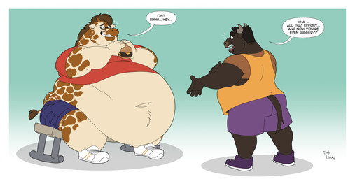 anthro belly big_belly bottomwear burger clothing dialogue duo eyewear flustered food footwear glasses hair holding_food holding_object horn huge_belly looking_at_another love_handles male obese obese_male open_mouth overweight overweight_male rear_view shirt shoes shorts sitting speech_bubble t-shirt tail tail_tuft tank_top teeth text topwear tuft weight_gain weight_loss duly_noted bovid bovine cattle giraffe giraffid mammal english_text hi_res