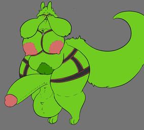 anthro balls big_balls big_breasts big_penis blush breasts clothing covering covering_face embarrassed facial_markings fluffy flustered fur genitals green_body green_fur gynomorph harness head_markings huge_penis hyper hyper_genitalia hyper_penis intersex markings nipples paws penis pink_nipples pose pubes slightly_chubby solo spots thick_thighs cerelyan rain_world videocult saint_(rain_world) slugcat hi_res