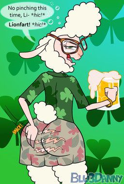 alcohol anthro beer beverage big_butt butt clothing container cup drunk female hand_on_butt holding_object holidays looking_back name_drop pattern_background rear_view simple_background solo substance_intoxication torn_clothing blu3danny disney st._patrick's_day zootopia dawn_bellwether bovid caprine domestic_sheep mammal sheep 2016 hi_res