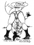 1997 anthro bent_over butt canid canine clothed clothing english_text eric_schwartz female fox mammal monochrome outside rear_view sheila_vixen simple_background solo tail text