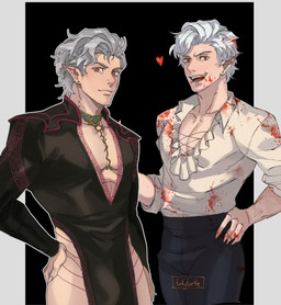 blood blood_on_face blood_stain bodily_fluids clothed clothing crossdressing duo hair heart_symbol humanoid_pointy_ears male not_furry pecs pointy_ears red_eyes sharp_teeth slit_dress teeth white_hair tirtyturtle baldur's_gate baldur's_gate_3 bioware dungeons_and_dragons electronic_arts hasbro larian_studios wizards_of_the_coast astarion_(baldur's_gate) elf humanoid vampire hi_res