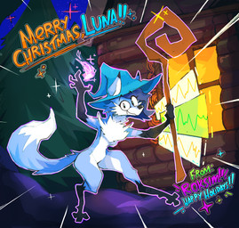 anthro blue_body clothing elemental_manipulation evergreen_tree female fire fire_manipulation fur happy hat headgear headwear holidays magic_staff magic_user pine_tree plant snow solo star tree winter wizard_hat roksim christmas canid canine fox mammal hi_res