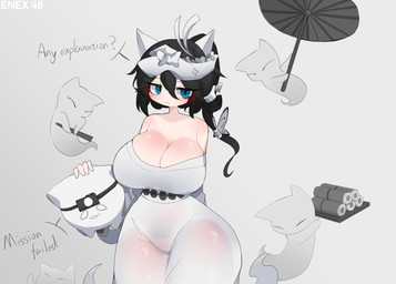 5_fingers accessory ambiguous_gender big_breasts biped black_hair blue_eyes blush breasts carrying_another cleavage clothed clothing cross-popping_vein eyebrows eyelashes female fingers front_view grey_background grey_clothing group hair hair_accessory holding_object looking_at_viewer narrowed_eyes pupils simple_background slit_pupils solo_focus standing text thick_thighs enexofme the_battle_cats animal_humanoid cat_humanoid felid felid_humanoid feline feline_humanoid ghost humanoid mammal mammal_humanoid spirit 2025 absurd_res artist_name dated digital_drawing_(artwork) digital_media_(artwork) english_text hi_res