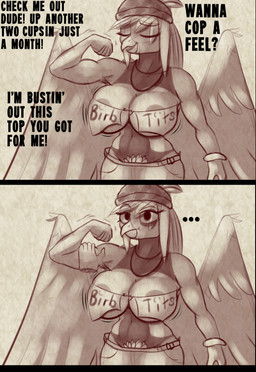 anthro athletic athletic_female beak biceps big_breasts breasts dialogue disappointed female flexing looking_at_viewer muscular muscular_female pubes solo text cosmonaut go_on_feel_it nintendo pokemon zemmy_(cosmonaut) avian generation_2_pokemon pokemon_(species) xatu comic english_text hi_res