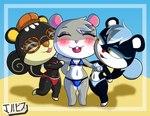 anthro beach bikini black_body black_fur blush clothing eyewear female female/female fur glasses grey_body grey_fur group hat headgear headwear orange_eyes sand seaside swimwear two-piece_swimsuit jackintaro animal_crossing nintendo agent_s_(animal_crossing) blaire_(animal_crossing) tasha_(animal_crossing) mammal rodent sciurid tree_squirrel hi_res