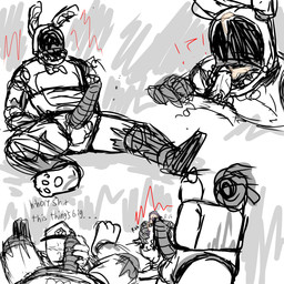 anthro bodily_fluids cum cum_in_mouth cum_inside cum_on_face dialogue duo erection exclamation_point frottage genital_fluids genitals holding_penis interrobang lying machine male male/male on_back oral penile penis penis_on_face penises_touching precum profanity question_mark sex simple_background sitting solo_focus sound_effects text white_background ohno_(artist) five_nights_at_freddy's five_nights_at_freddy's_2 scottgames withered_bonnie_(fnaf) animatronic human mammal robot 1:1 english_text hi_res sketch sketch_page