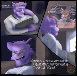 anthro barazoku clothed clothing duo eye_patch eyewear fur hair machine male male/male profanity text unknowinglytea five_nights_at_freddy's scottgames foxy_(fnaf) animatronic canid canine canis domestic_cat domestic_dog felid feline felis fox mammal robot absurd_res comic digital_media_(artwork) english_text hi_res