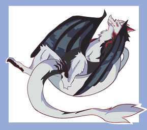 ambiguous_gender black_body black_fur claws container cup eyes_closed feet feral fur horn lying membrane_(anatomy) membranous_wings paws simple_background solo tail toes white_body white_fur wings unknown_artist mythology laurentius_maximus demon dragon furred_dragon furred_scalie hybrid mythological_creature mythological_scalie scalie sergal hi_res