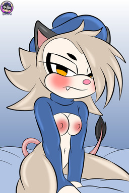 angry anthro areola bed bed_covers bed_sheet bedding breasts clothing female fur furniture grey_body grey_fur half-closed_eyes hat hat_only headgear headgear_only headwear headwear_only kneeling looking_at_viewer mostly_nude narrowed_eyes nipples on_bed pink_nose pink_tail solo tail yellow_eyes sirjzau sega sonic_the_hedgehog_(series) fan_character zary_the_opossum american_opossum mammal marsupial absurd_res hi_res