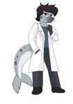 anthro bodily_fluids bottomwear clothed clothing denim denim_bottomwear denim_clothing doctor eyewear glasses grey_body handwear jeans male pants purple_eyes simple_background solo white_background white_body pencil_bolt challenger_fort_(pencil_bolt) mammal marine pinniped seal absurd_res hi_res