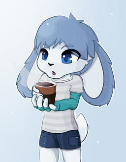 anthro arm_warmers armwear beverage big_ears bottomwear candy chocolate clothing denim denim_bottomwear denim_clothing denim_shorts dessert food hot_chocolate male shirt short_tail shorts solo steam tail topwear kemotobi lagomorph leporid mammal rabbit 2012