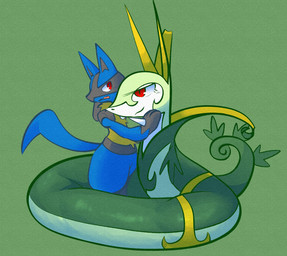 3_fingers 3_toes ambiguous_feral ambiguous_gender anthro apode black_inner_ear black_legs blue_body blue_ears blue_fur blue_tail blue_thighs blush blush_lines chest_spike closed_smile curled_tail digitigrade duo eyelashes facial_markings fangs feet feral fingers fur gloves_(marking) green_background green_body green_markings hand_spike head_markings leaf legless markings mask_(marking) mouth_closed multicolored_body multicolored_skin open_mouth pointed_tail pointy_ears pupils pushing_away red_eyes serpentine simple_background slit_pupils smile snout solo spikes spikes_(anatomy) standing tail tan_body tan_fur teeth toes two_tone_body two_tone_skin white_sclera yellow_ears yellow_markings momensarada nintendo pokemon generation_4_pokemon generation_5_pokemon lucario pokemon_(species) serperior 2023 colored full-length_portrait hi_res portrait