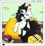 2018 3_toes 4_fingers anthro biped black_body black_fur blue_eyes blush book border box canid canine changed_(video_game) container daww duo feet fingers fluffy fur heart_symbol hi_res latex lin_(changed) male mammal monster paws pillow puro_(changed) riunamo toes white_body white_border white_fur