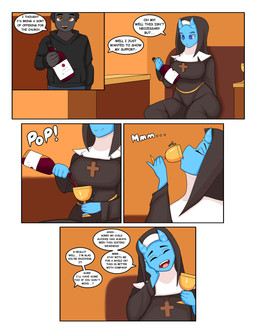 2_horns alcohol anthro beverage black_body blue_body blue_eyes church clothing container cross cup duo female goblet horn male nun nun_habit nun_outfit orange_eyes religion religious_clothing wine wine_bottle augmentedleaves lilith_(augmentedleaves) bicorn equid equine mammal absurd_res comic hi_res