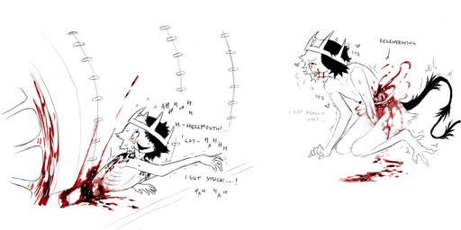 ambiguous_gender ambiguous_humanoid black_tail blood blood_splatter blush bodily_fluids crown crush death fur gore guts headgear humanoid_hands imminent_death intestines kneeling moan nude_ambiguous open_mouth open_smile organs pain ribs simple_background smile solo split_color tail tears tears_of_pain tears_of_pleasure train vehicle white_background white_body white_fur jejejunum ember_(jejejunum) humanoid tailed_humanoid hi_res
