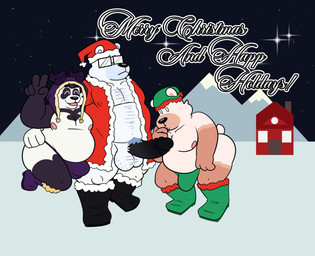 anthro balls black_nose bulge christmas_clothing christmas_headwear clothing erection eyes_closed eyewear genitals glasses group hat headgear headwear holidays male male/male moobs nipples overweight overweight_male penis santa_hat underwear grolarbearsins christmas bear giant_panda grolar_bear hybrid mammal polar_bear ursine 2025 absurd_res hi_res
