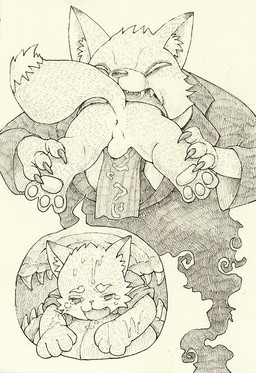4_fingers anthro anthro_pred anus asian_clothing balls bodily_fluids bottomless bottomless_male claws clothed clothing duo east_asian_clothing eyebrows eyes_closed fangs fingers fur genitals half-closed_eyes holding_arms inside_mouth japanese_clothing kimono male male/male narrowed_eyes necktie open_mouth raised_tail saliva scared suit tail tears teeth vore young young_anthro mutsumiyuu kosaburou canid canine fox ghost mammal spirit 2021