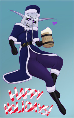 alcohol beer belt beverage christmas_clothing christmas_headwear clothing costume facial_markings female gloves handwear hat head_markings headgear headwear holidays leather leather_clothing leather_gloves leather_handwear markings not_furry santa_costume santa_hat creambeam blizzard_entertainment christmas warcraft riinea_moongazer elf humanoid night_elf absurd_res hi_res