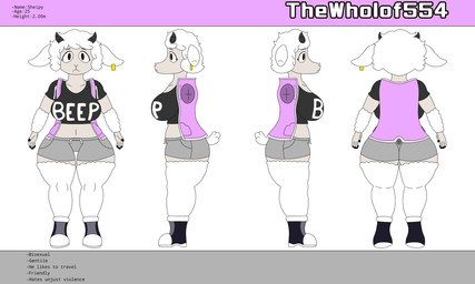 anthro black_horn brown_eyes clothed clothing female fur horn solo text white_body white_fur white_wool wool_(fur) wool_hair thewholof554 sheipy_(thewholof554) bovid caprine mammal sheep absurd_res english_text hi_res model_sheet