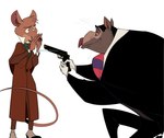 anthro clothed clothing duo eye_contact fluffy gun holding_object holding_weapon kneeling looking_at_another male male/male on_one_knee proposal ranged_weapon simple_background standing weapon white_background twitchydoodle disney the_great_mouse_detective basil_(disney) professor_padraic_ratigan mammal mouse murid murine rat rodent signature