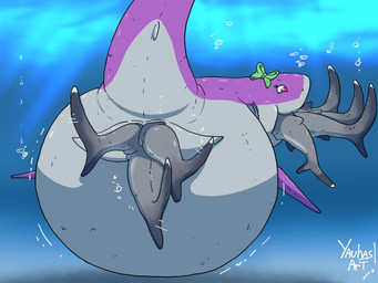 anal anal_vore belly big_belly bow_tie bubble cloacal cloacal_vore endosoma female female_pred feral feral_pred feral_prey gills green_bow_tie grey_body group head_first huge_belly mass_vore multiple_prey oral_vore pink_body pink_eyes pink_fin safe_vore shark_tail underwater vore water white_belly yauhasart shokasay_(orcinusproductions) aquatic fish great_white_shark mackerel_shark shark white_shark white_tip_reef_shark 2026 hi_res watermark