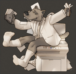 accessory anthro clothing eyebrows feet footwear formal_clothing happy humanoid_feet male mischievous mischievous_smile narrowed_eyes necktie office_clothing plantigrade printer scanner scanning_ass shirt simple_background sitting smile socks solo suit_jacket thick_eyebrows topwear white_clothing white_shirt white_topwear ravuer canid canine canis mammal wolf hi_res