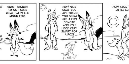 2_toes 4_fingers anthro arm_tuft athletic athletic_anthro athletic_male big_tail biped black_cheeks black_ear_tips black_eyes black_feet black_hands black_nose canyon cheek_tuft chest_tuft clasped_hands cloud cloudy_sky compliment desert dialogue dipstick_ears dipstick_tail dot_eyes duo ear_markings elbow_tuft facial_tuft feet fingers fluffy fluffy_tail gloves_(marking) grass group hairless_feet hairless_hands hairless_tail half-closed_eyes hand_behind_back hands_behind_back head_tuft humanoid_hands humor knee_tuft leg_markings leg_tuft lines_drawn looking_at_another male markings motion_lines multicolored_ears narrowed_eyes navel nude open_mouth outside paws pecs plant plantigrade sand shoulder_tuft simple_eyes size_difference sky smile smiling_at_another social_nudity socks_(marking) standing tail tail_markings talking_to_another teeth_showing text three-quarter_view toes trio tuft walking whisker_spots whiskers wide_eyed wide_hips stevethedragon coyoteville mulder_(coyoteville) sean_o'desse canid canine canis coyote fennec_fox fox mammal mouse murid murine red_fox rodent true_fox 2014 black_and_white comic detailed digital_drawing_(artwork) digital_media_(artwork) english_text monochrome sketch