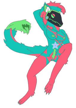 anthro genitals green_nipples green_penis herm intersex machine markings nipples penis pose solo star_(marking) tail tail_mouth unusual_anatomy unusual_tail randyprotogen protogen hi_res