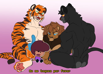 anthro black_body black_fur blue_bottomwear blue_clothing blue_hat blue_headwear blue_pants bottomwear clothing dialogue dot_eyes fur gradient_background green_eyes group hair hat headgear headwear laid_down male multicolored_body multicolored_hair muscular muscular_male orange_body orange_fur pants pawpads purple_clothing purple_shirt purple_topwear shirt simple_background simple_eyes stripes tail toony topwear two_tone_body two_tone_hair yellow_body yellow_fur imgloka imgloka_(imgloka) felid lion mammal pantherine tiger hi_res