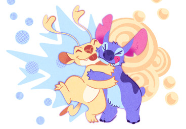 3_toes 4_fingers ambiguous_gender anthro biped blue_body blue_fur blue_nose brown_nose cute_fangs dipstick_tail duo eyes_closed fangs feet fingers forked_antennae fur happy hug markings multi_arm multi_limb notched_ear raised_leg small_tail smile tail tail_markings teeth toes tongue tongue_out yellow_body goatpaste disney lilo_and_stitch sparky_(lilo_and_stitch) stitch_(lilo_and_stitch) alien experiment_(lilo_and_stitch) hi_res male_(lore)