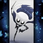 1:1 ambiguous_gender arthropod black_body cape cloak clothed clothing exoskeleton glowing glowing_markings graphic_ginger hollow_knight humanoid insect looking_at_viewer markings mixed_media shaded simple_background solo team_cherry the_knight_(hollow_knight) vessel_(species) weapon white_markings