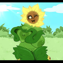 areola big_breasts black_border blush blush_lines blush_stickers border breasts brown_sclera eyelashes female flower front_view genitals gesture green_areola green_body green_nipples hand_on_chest heart_gesture huge_breasts inverted_nipples looking_at_viewer nipples one_eye_closed open_mouth open_smile petal_hair plant smile solo tan_eyes thick_thighs vulva wide_hips wink winking_at_viewer gallo_wazavi electronic_arts plants_vs._zombies popcap_games elemental_creature elemental_humanoid flora_fauna flower_creature humanoid plant_humanoid sunflower_(pvz) 1:1 hi_res
